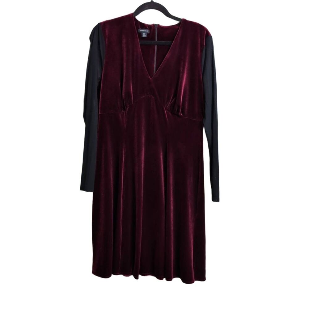 Karen Millen Burgundy Black Velvet Sheer Sleeve V-Neck Elegant Cocktail Dress 12
